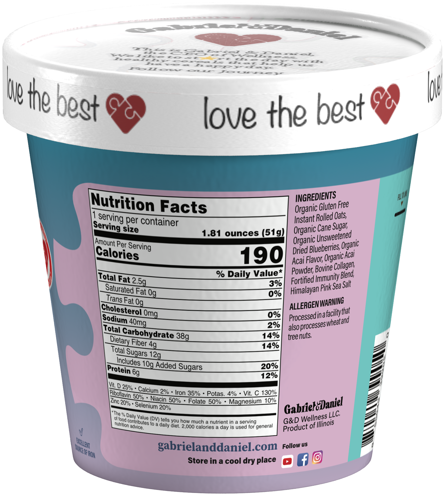 Gabriel & Daniel Wellness Oatmeals - Vente Avoine - Tasse de flocons d'avoine instantanés biologiques SS - Açaï & Myrtilles - Pack de 123