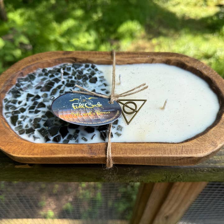 Full Circle Candles and Gifts - Wholesale Jar/Filled Candle - Wooden Dough Bowl Soy Candle | Wizard Theme | Buttery Brew | HP fans | Magical Charm and Pick Your House Colors1