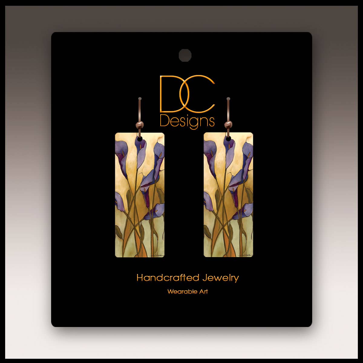 Illustrated Light & DC Designs - Wholesale Dangle Earrings - Calla Lily Purple Rectangle Handmade Earrings1
