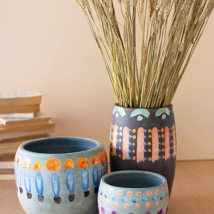 Kalalou - Wholesale Vase - Set of Three Hand-Painted Colorful Ceramic Vases