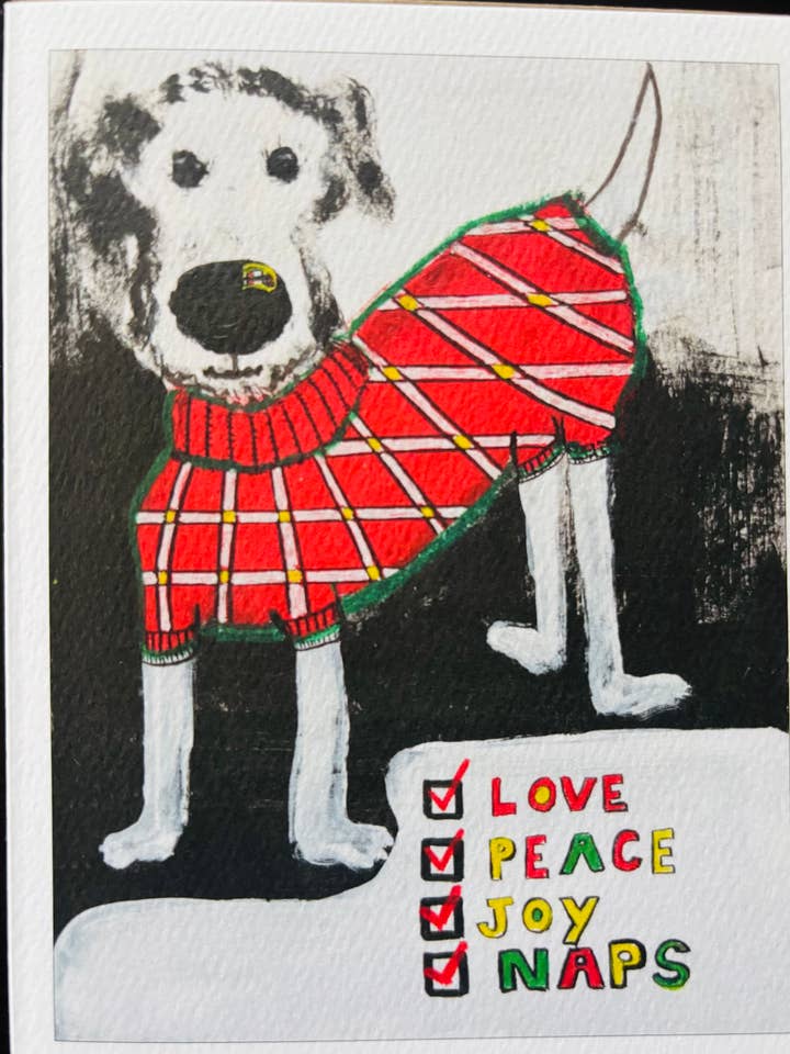 Love Peace Joy NAPS funny holiday Christmas dog card for wholesale by Bernie Street Studios