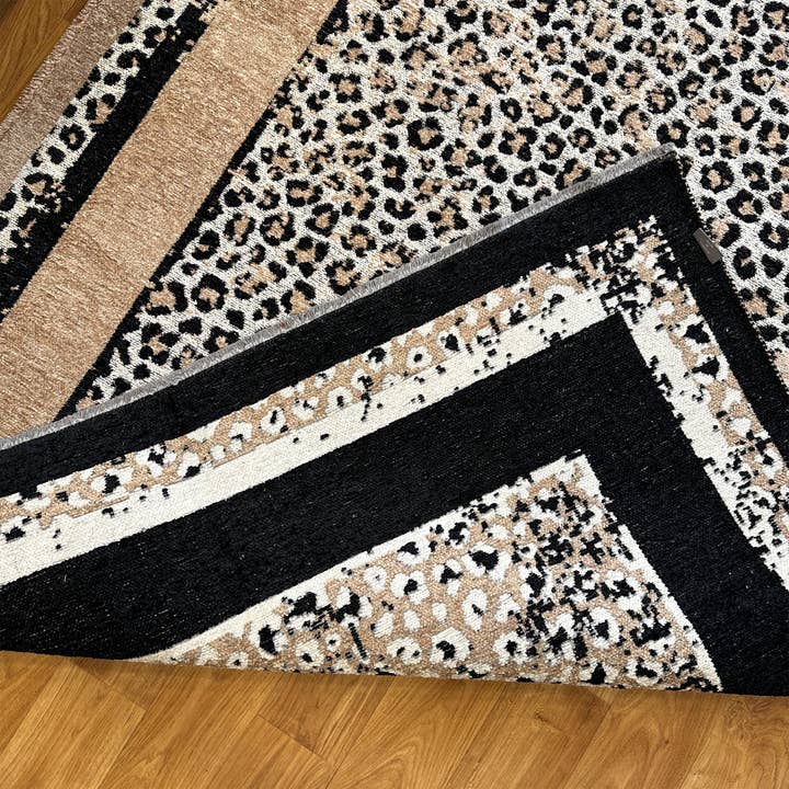 Beige Noir Tapis de zone lavables réversibles léopard noir beige en vente sur Faire8