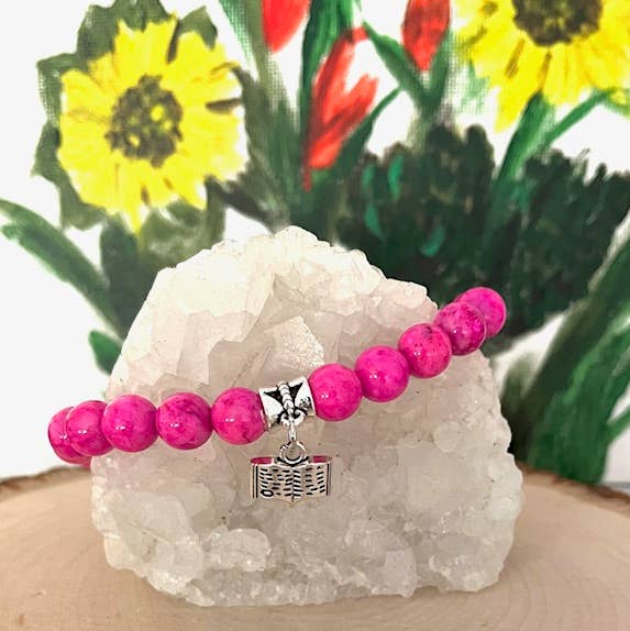 Jewels For Hope - Wholesale Charm/Dangle Bracelet - Pink beaded stretch bracelet with Book charm0