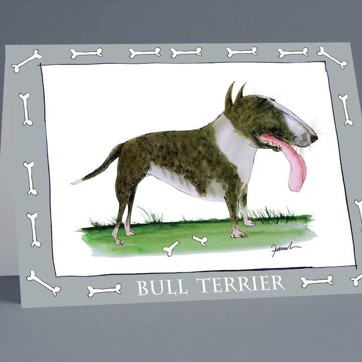 Bull Terrier greeting cards (pack of 6) for wholesale by Tony Fernandes Design