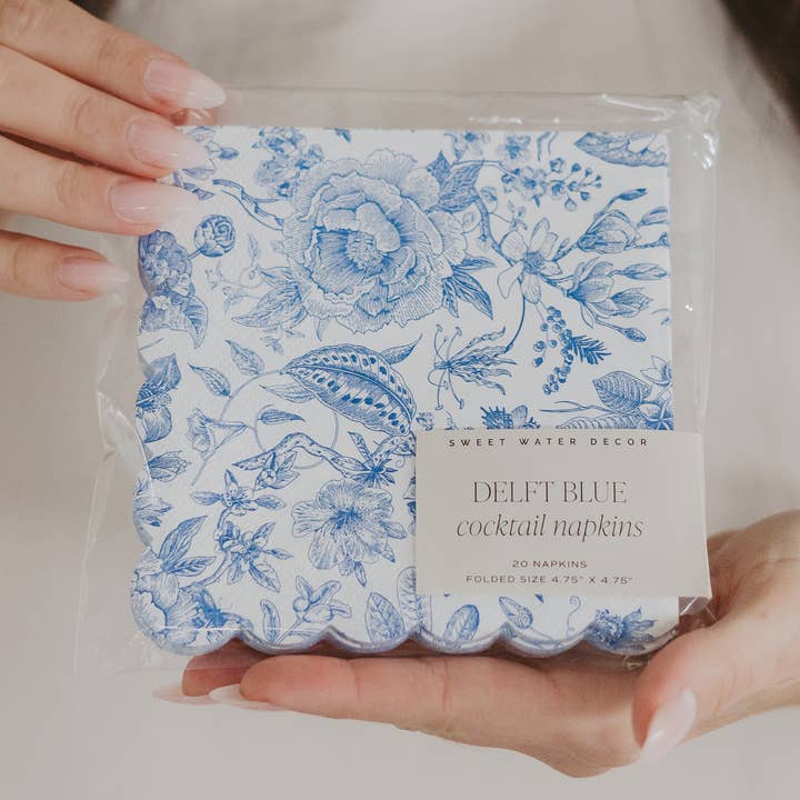 Sweet Water Decor - Wholesale Disposable Napkin - Blue Delft Foil Heart Cocktail Napkins - Home Decor