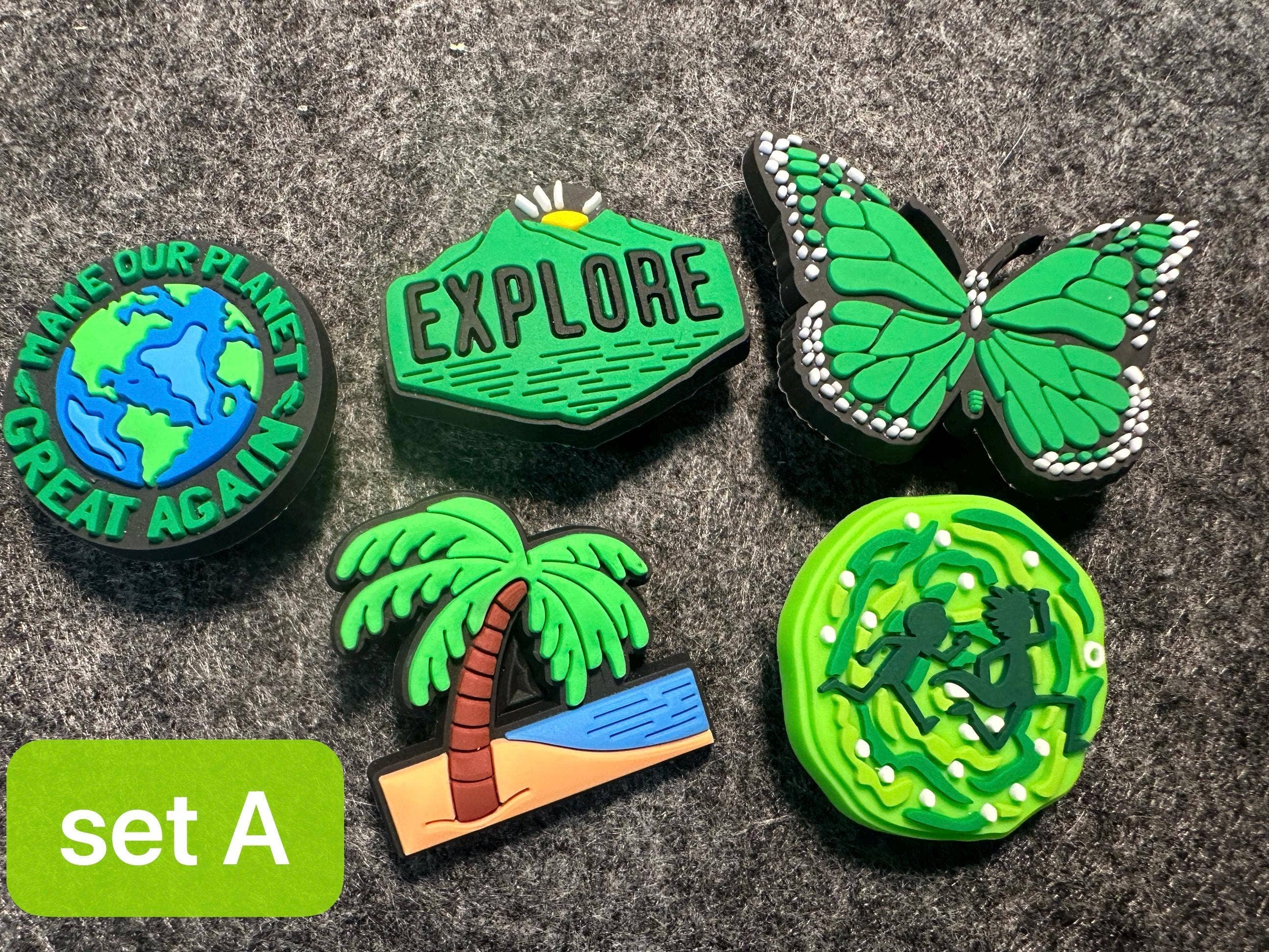 JuliesDecal - Vente Accessoire pour chaussures - Breloques fantaisie à thème vert, planète, avocat, brocoli, cocotier et plus encore1