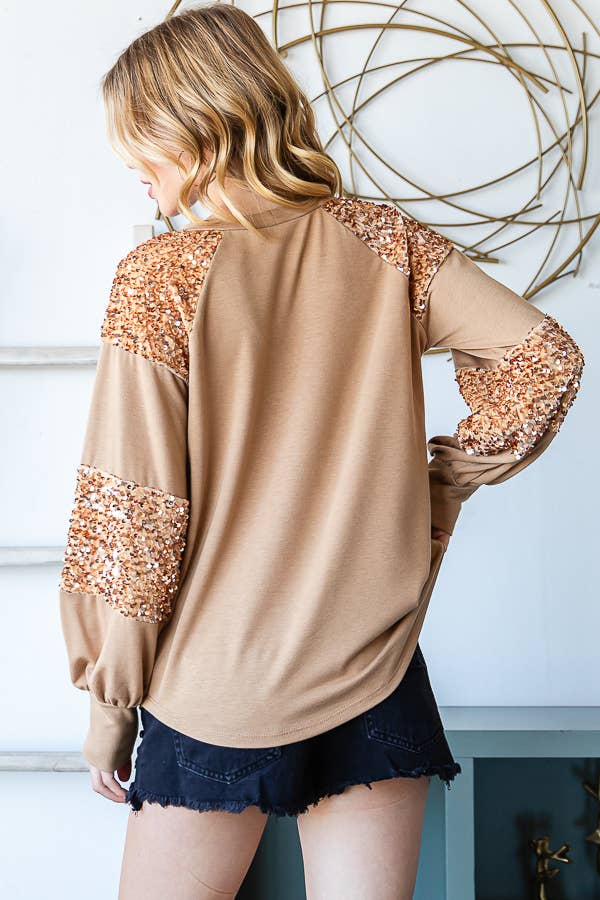 7th Ray - Wholesale Sweatshirt - Women's - [PLUS SIZE] Brushed Sequin Contrast Pullover Top T5341XL1