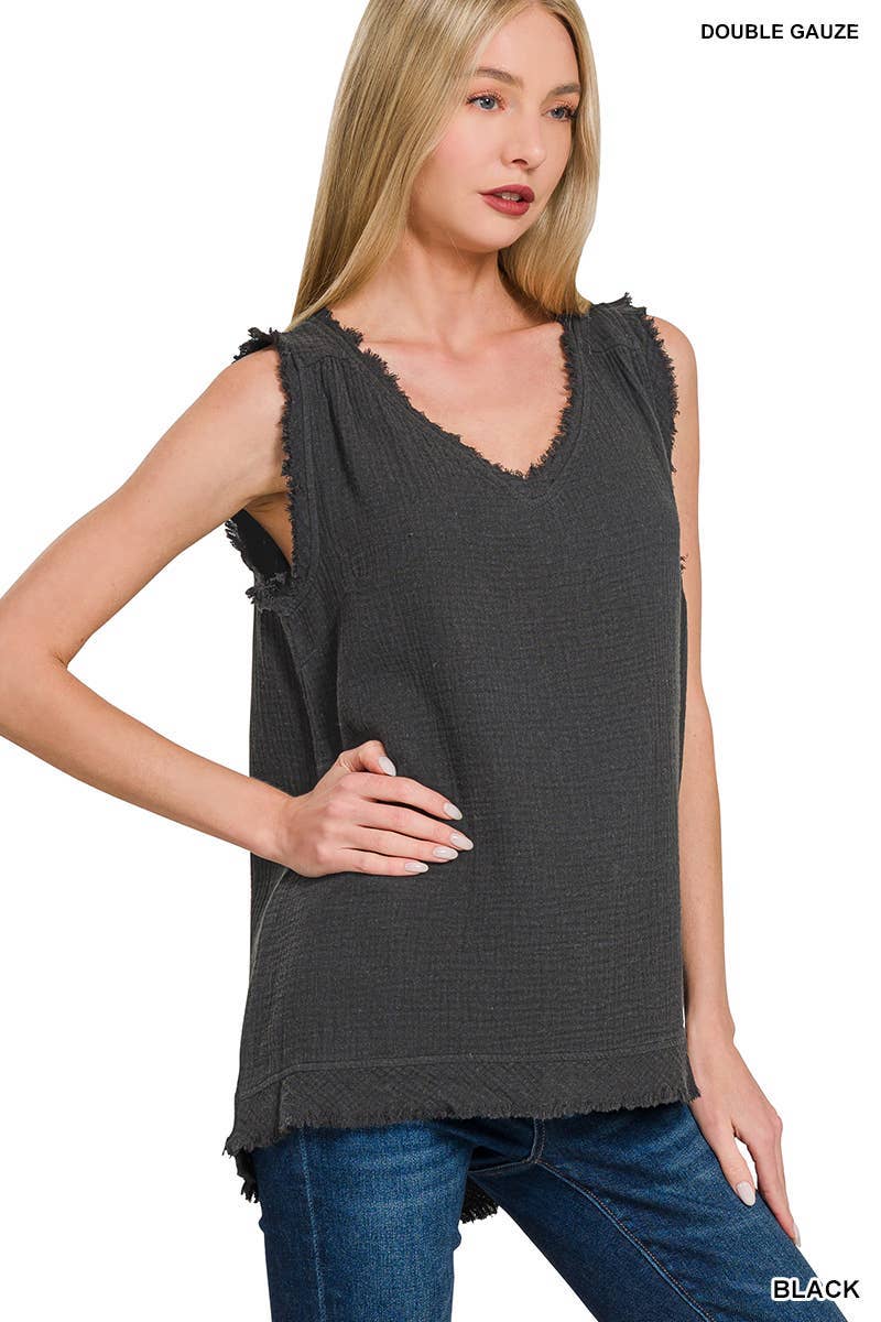 Vanilla Monkey – Engroshandel Tanktop – Kvinder – Tanktop med rå kanter og V-hals i dobbelt gaze4