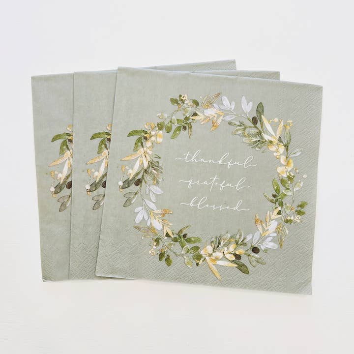 Thankful Grateful Blessed Paper Scripture Napkins | 20 ct for wholesale by Pearls of Parchment
