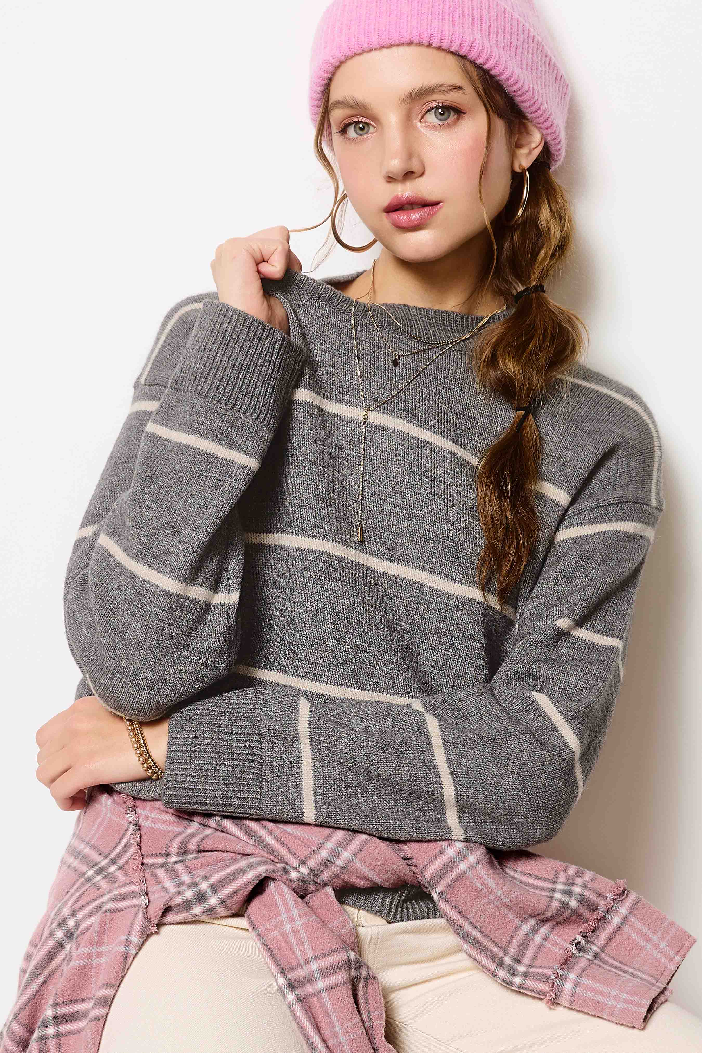 La Miel - Wholesale Knit Sweater - Women's - HCS3553-Loose Fit Stripe Long Sleeve Crewneck Sweater26