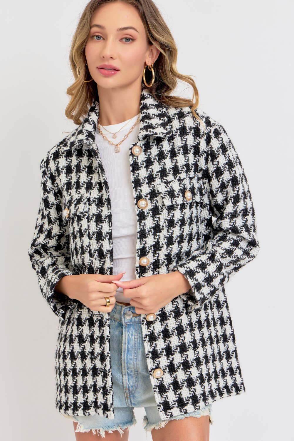 SCHWARZ/WEISS Hahnentritt Tweed Blazer mit lockerem Schnitt für den Großhandel auf Faire7