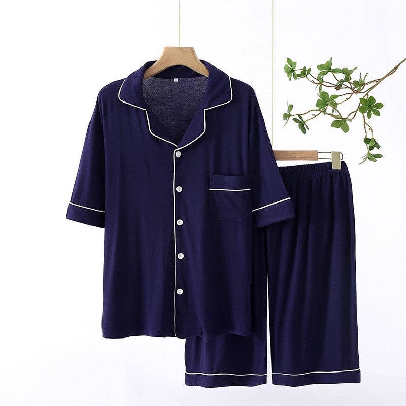 Plush Looks - Wholesale Sleepwear Set - Men's - Men's Solid Color Edging Short Sleeved Shorts Pajamas0