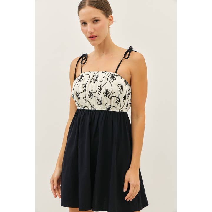 EMBROIDERY TEXTURED MINI DRESS WITH RIBBON SHOULDER STRAPS for wholesale by idem ditto