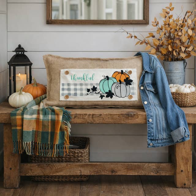 PANEL ONLY: RECTANGLE Autumn Thanksgiving Pumpkins Cider Bless Gratitude Gingham THANKFUL PUMPKIN for wholesale by PillowPanels