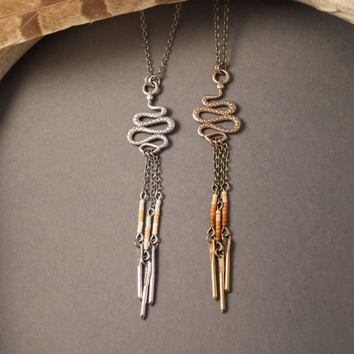 Snake Manasa necklace in silver or brass with beads for wholesale by Crow Jane Jewelry