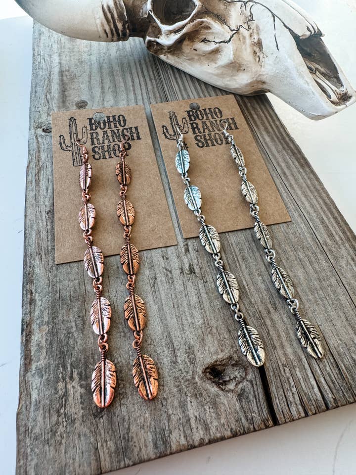 Western Feather Dangle Earrings - Copper | Silver for wholesale by Boho Ranch Shop