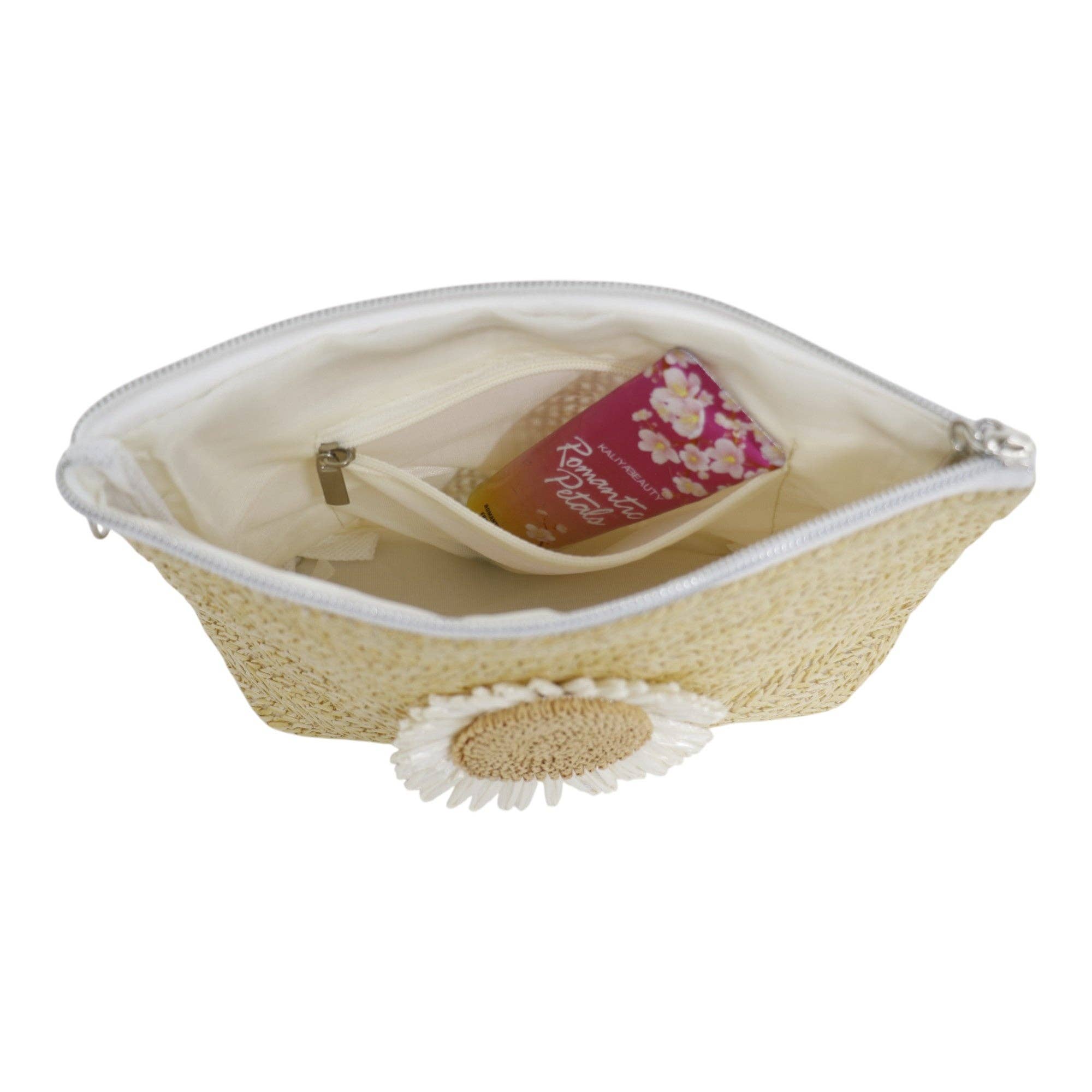 ASSORTED Daisy Flower Straw Makeup Pouch JB5526-7. (12PC) for wholesale on Faire13