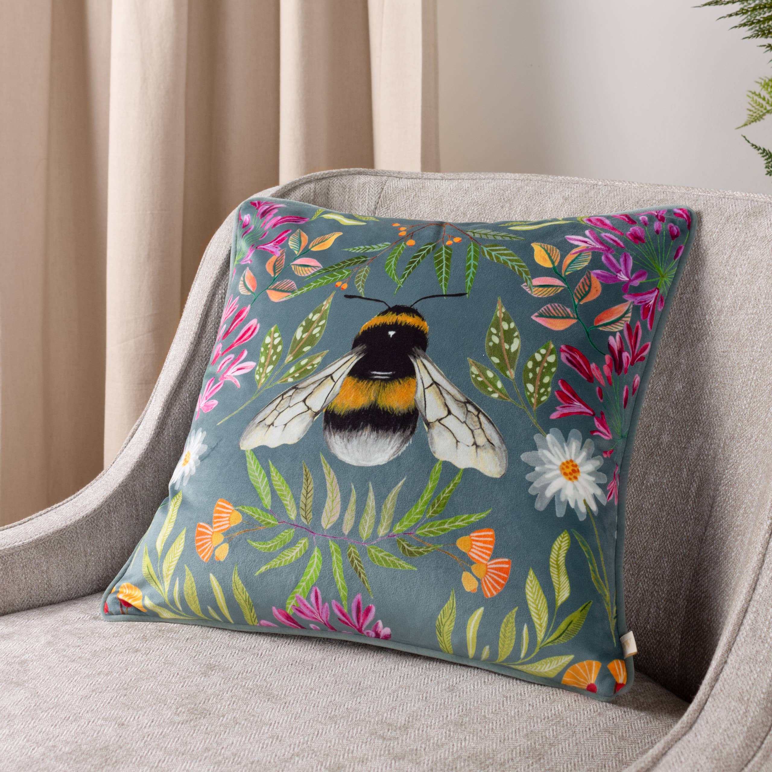 House of Bloom Zinnia Bee Cushion Steel Blue for wholesale on Faire0