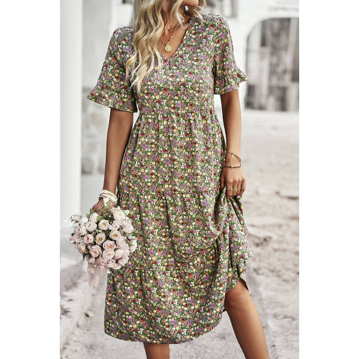 Supreme Fashion – wholesale Dress – Women's – Boho Floral Ruffle Hem V Neck Short Sleeve Dress21