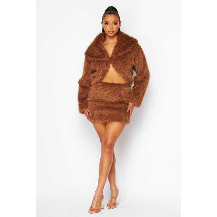 Miss 8 – wholesale Top & skirt set – Women's – Faux Fur cropped Jacket with Mini Skirts3