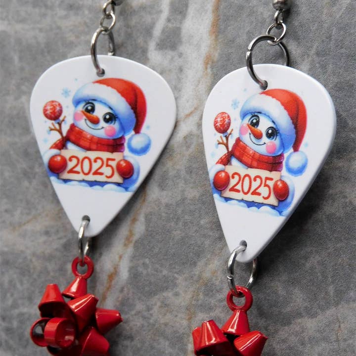 Simply Raevyn - Wholesale Dangle Earrings - Christmas 2025 Snowman Guitar Pick Earrings with Bow Dangles1