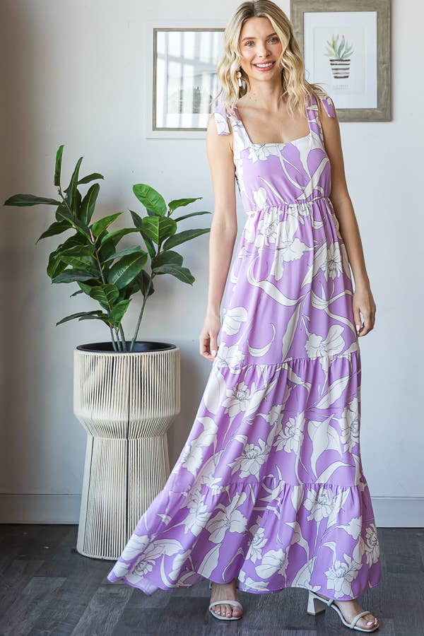 7th Ray - Vendita all'ingrosso Vestito - Donna - Vestito lungo a balze con spalline a fiocco e scollo quadrato floreale D592911