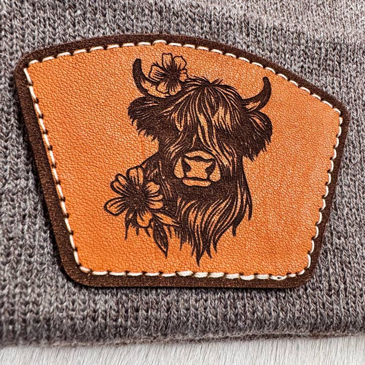 NDesigns Leather - Wholesale Beanie - Unisex - Highland Cow Leather Patch Beanie - sewn patches, NOT glued!2