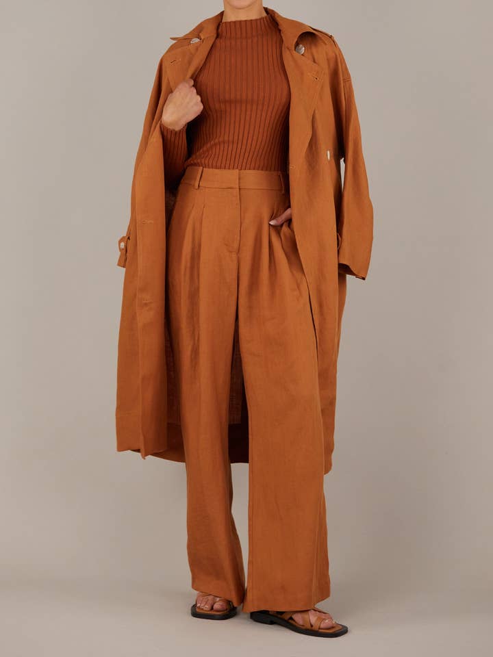 Elvie Linen Trench Coat - Ochre for wholesale by Amelius