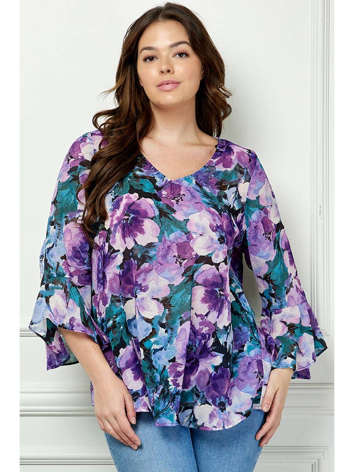 Navy Purple Teal PLUS SIZE RUFFLE SLEEVE V-NECK SWING BLOUSE for wholesale on Faire