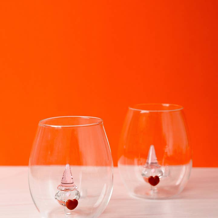 Jersey Art Glass - Wholesale Wine Glass - Figural Gnome Heart Wine Glass (Set of 2)