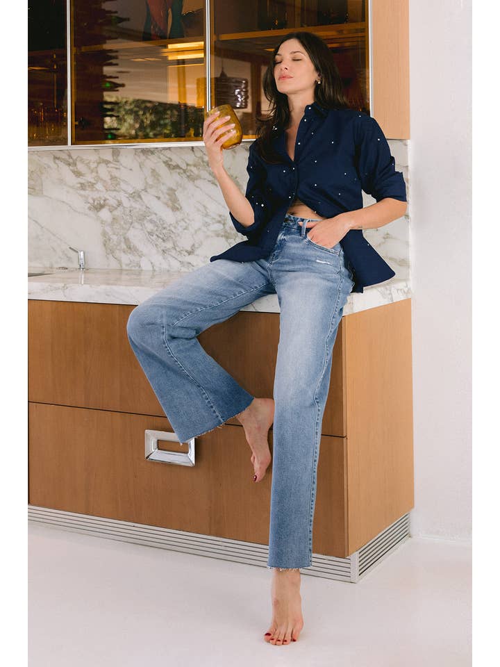 VOUCHSAFE MID RISE CLEAN CUT RAW HEM WIDE JEANS T6017 for wholesale on Faire