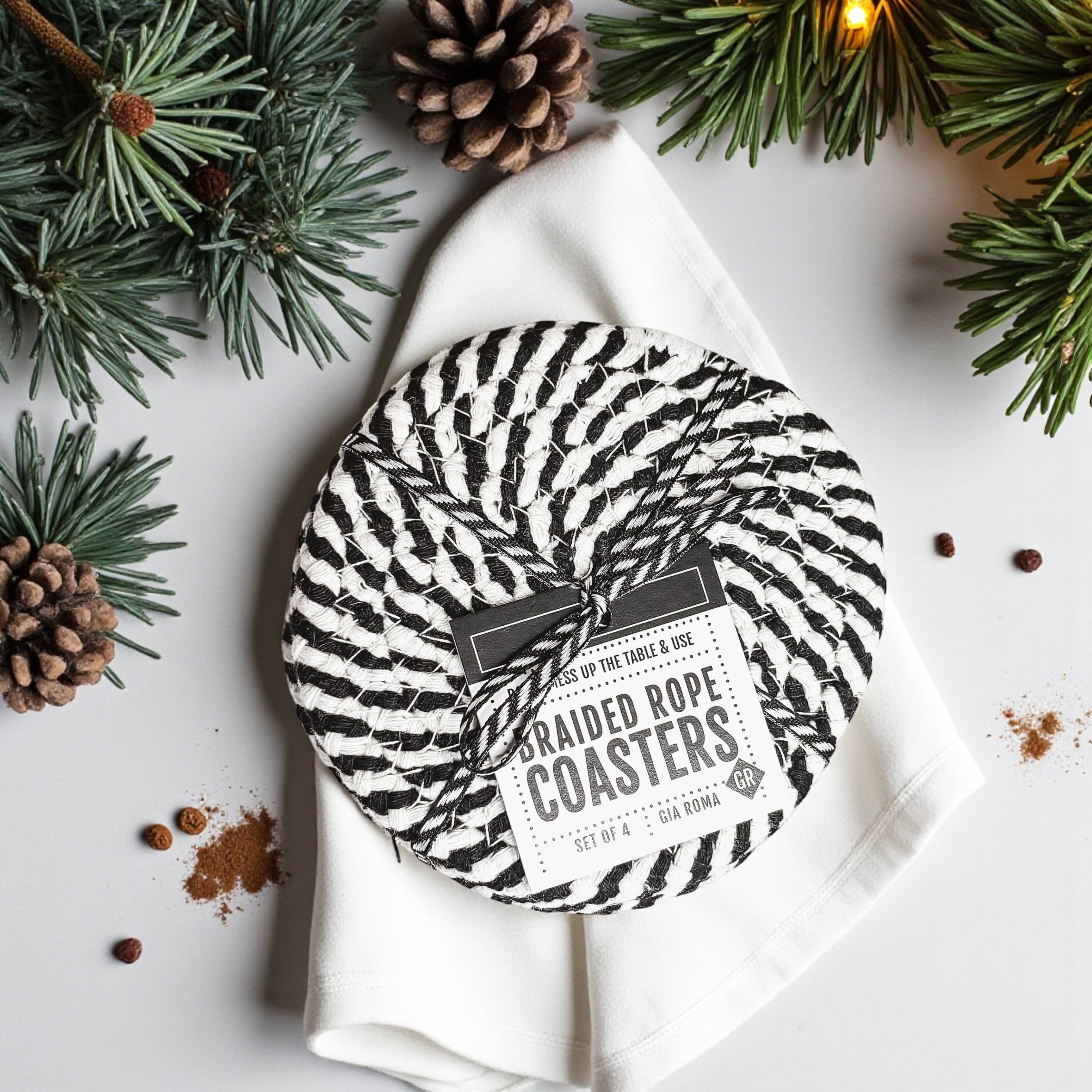 Gia Roma - Wholesale Coasters - Christmas Coasters, Red Candy Cane Braided Cotton Fabric Set18