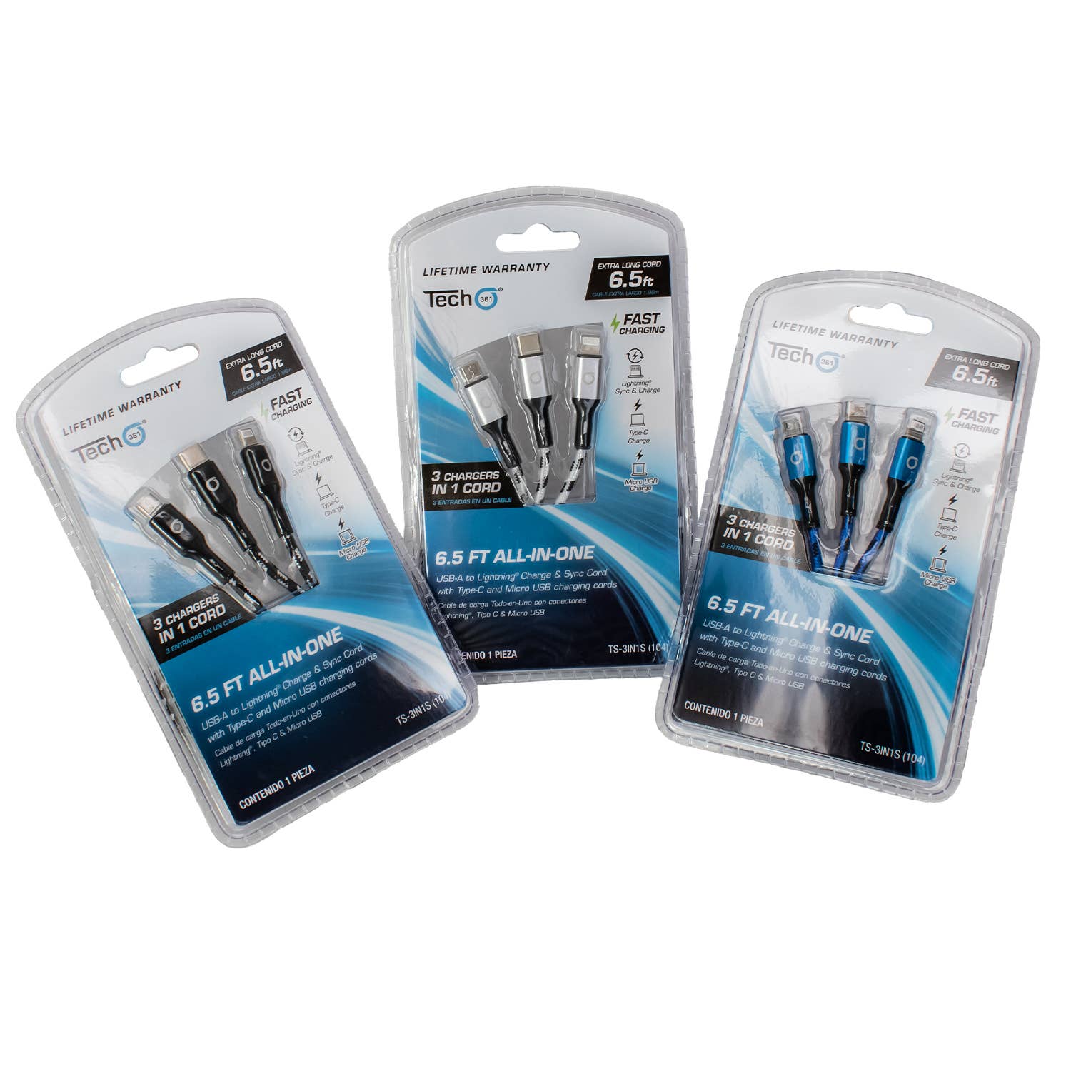 iTech361 - Vendita all'ingrosso Cavo di ricarica - CAVO DI RICARICA TUTTO IN UNO, 6,5FT COLORI ASSTD1