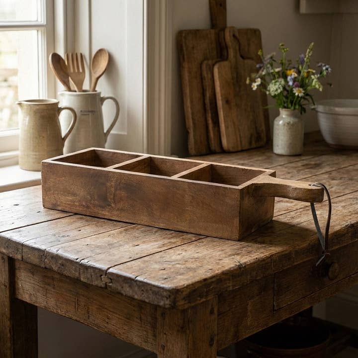 Wooden tray with 3 compartments and handle, high quality, natural mango, L.45 cm for wholesale by Antikas