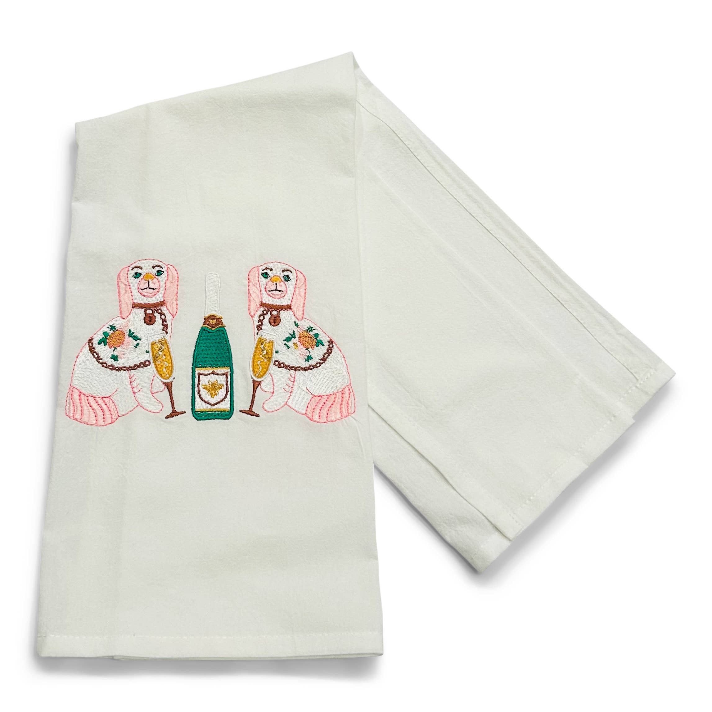 Vibrantly Blue - Wholesale Tea Towel - Towel - Chinoiserie Dogs with Champagne Bottle on white1