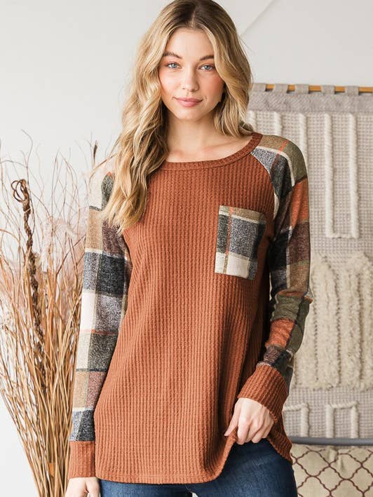 HEIMISH - Wholesale Blouse - Women's - ET6884-10 SOLID WAFFLE AND PLAID TOP WITH POCKET1