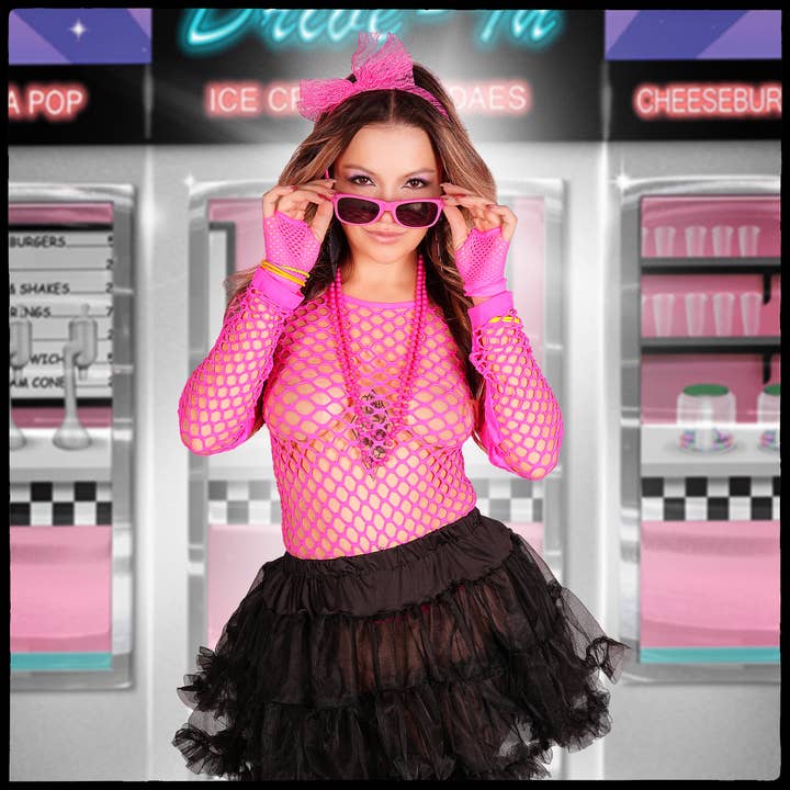 80S FUCHSIA KIT – HEADBAND, BEADS, EARRINGS, GLOVES, BRACELE for wholesale by Western Fashion