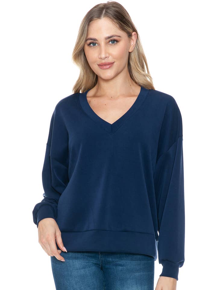 TB06-KB02 Navy, Long Sleeve V-Neck Scuba Top for wholesale by Brooklyn Isles