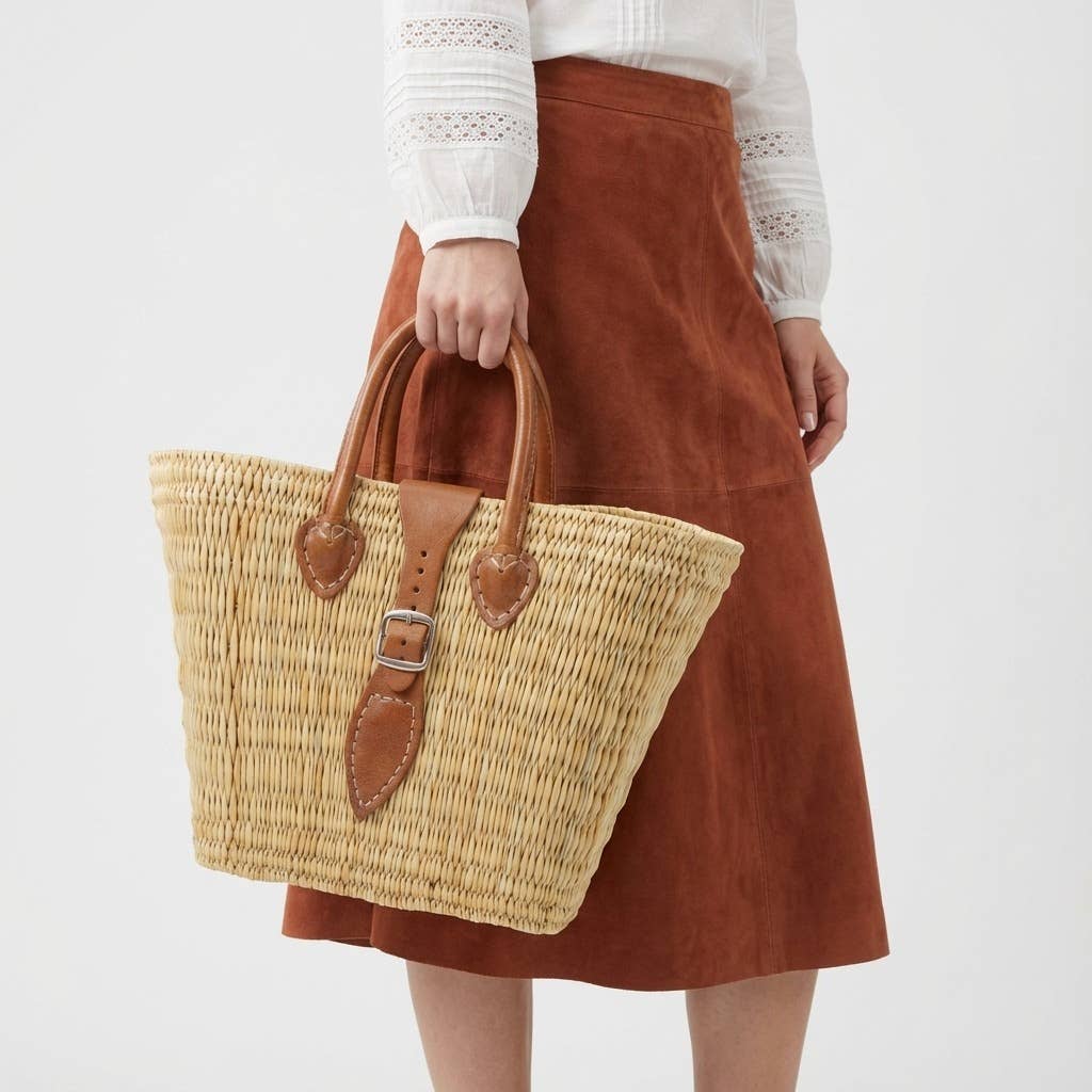 Melecraft - Wholesale Basket - Woven Reed Market Basket Leather Strap - Natural Boho Tote11
