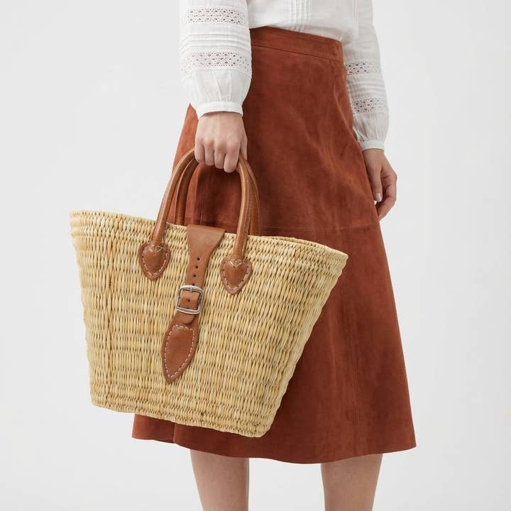 Melecraft - Wholesale Basket - Woven Reed Market Basket Leather Strap - Natural Boho Tote11