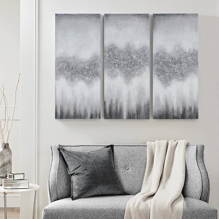 Hand Painted with Real Stone 3-Piece Wall Art, Grey for wholesale by Olliix