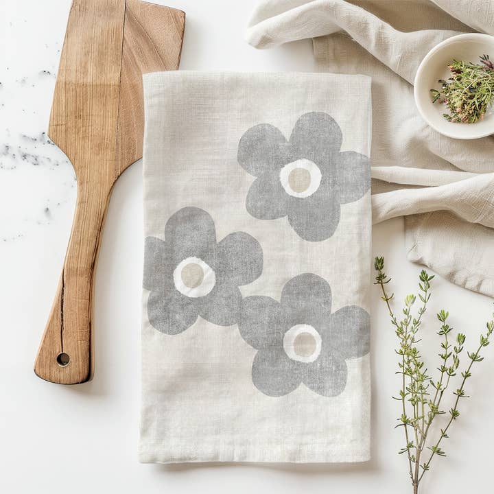 Cute Kitchen Towel- Rustic Gray Flowers Kitchen Decor & Gift for wholesale by Susan Case Designs