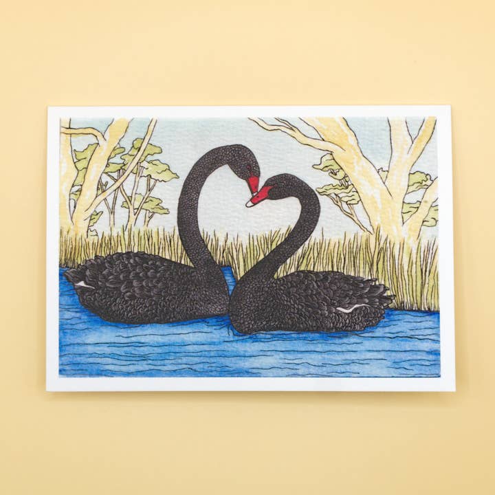 Black Swans Greeting Card | Australian Bird Valentines Card for wholesale by Sunshine Sea Art