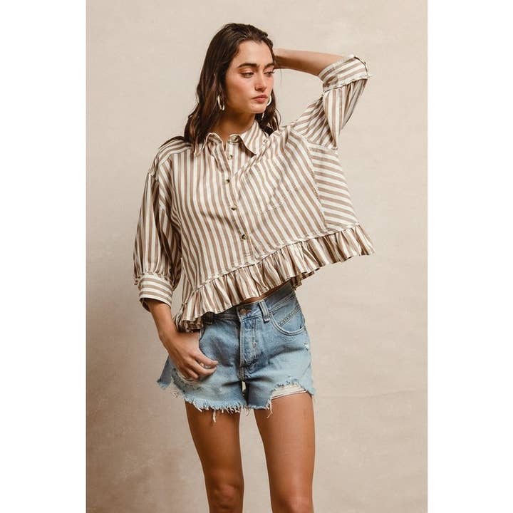 IVE - Wholesale Knit Top - Women's - STRIPE WOVEN RUFFLED HEM BUTTON UP SHIRT