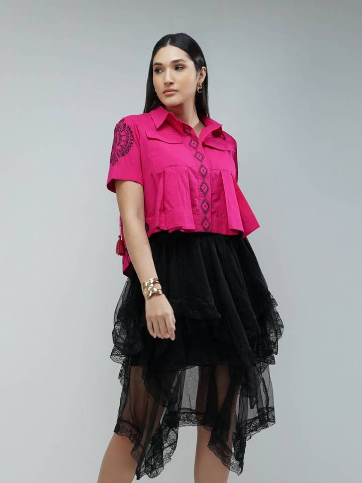 Nesavaali Pink Handblock Artisanal Crop Shirt for wholesale by Nesavaali Ltd