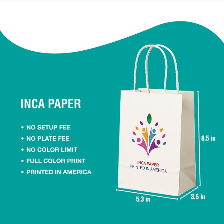 5.3" x 3.5" x 8.5" Printed White Paper Bags, Twisted Handles for wholesale by INCA PAPER