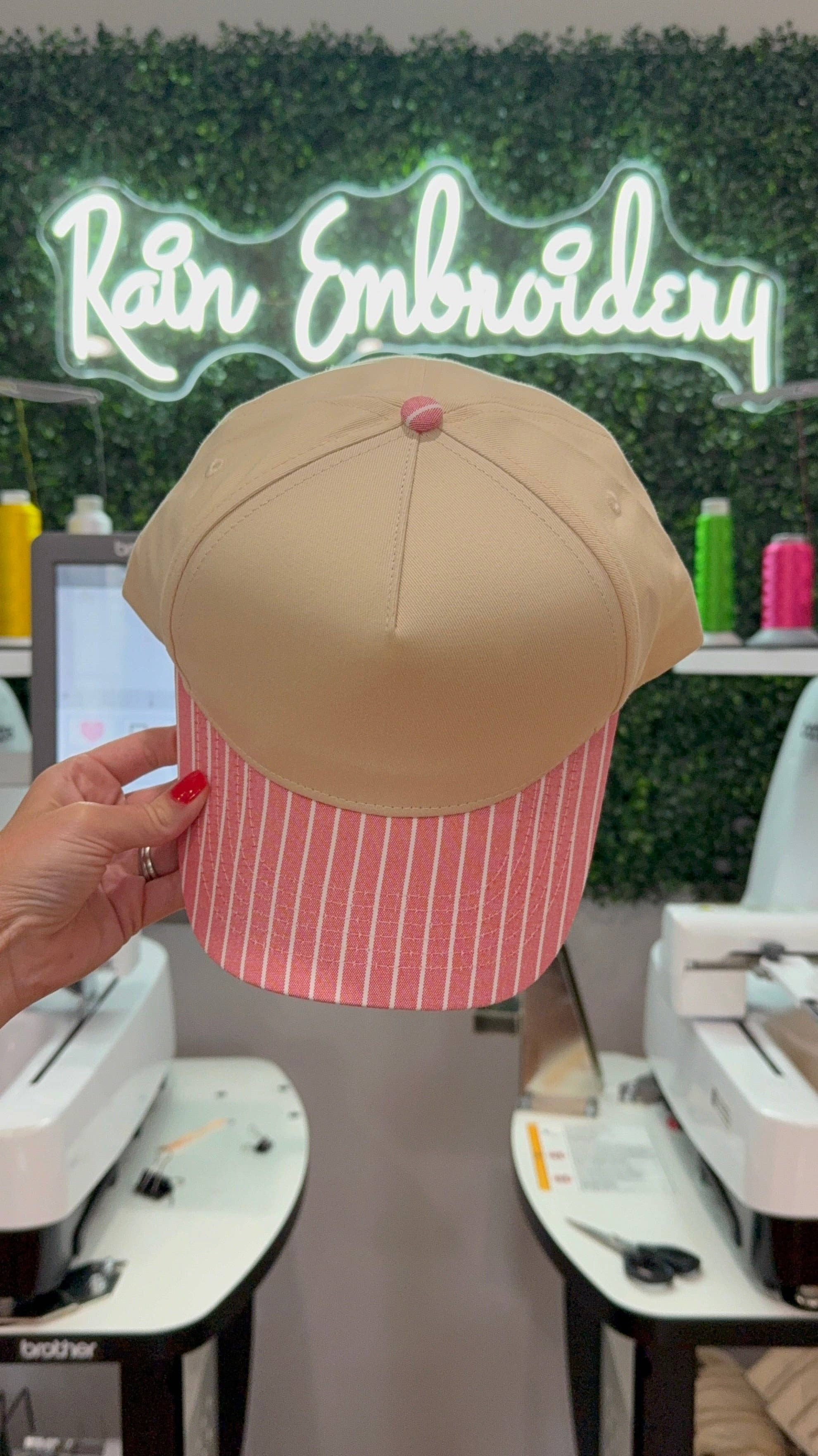 Rain Embroidery - Wholesale Trucker Hat - Women's - Pink Striped Bill (blank) Trucker Hat4