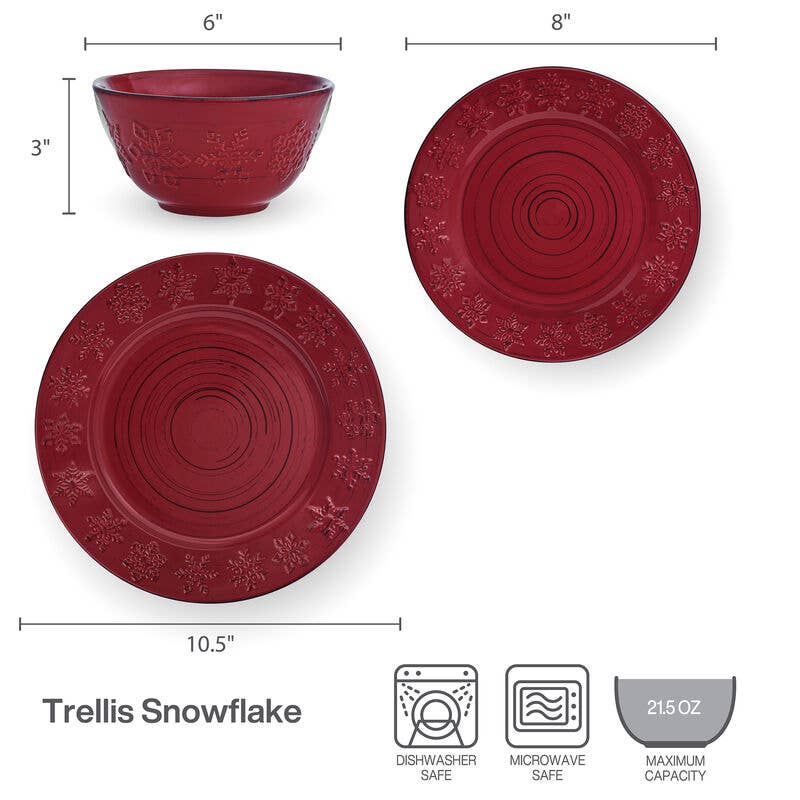 Fitz and Floyd® Mikasa® Pfaltzgraff® - Wholesale Dinnerware Set - Pfaltzgraff Trellis Red Snowflakes 12PC DW Set Brown Bx Pkg2