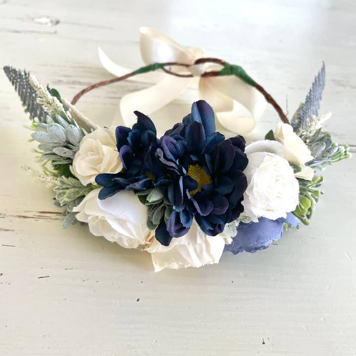 Navy & Ivory Dog Flower Collar: Rustic Wedding Crown for wholesale by Wolf and Wonder