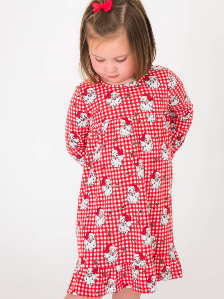 SoftSnooze™ Girls Red Dear Santa Long Sleeve Ruffle Pajama Night Gown
 for wholesale by RuffleButts + RuggedButts